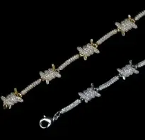 Custom Novelty Link Bracelet in silver and gold tone with clear stones