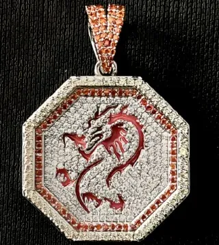 Custom Medallion Pendant in red and silver tone with clear stones