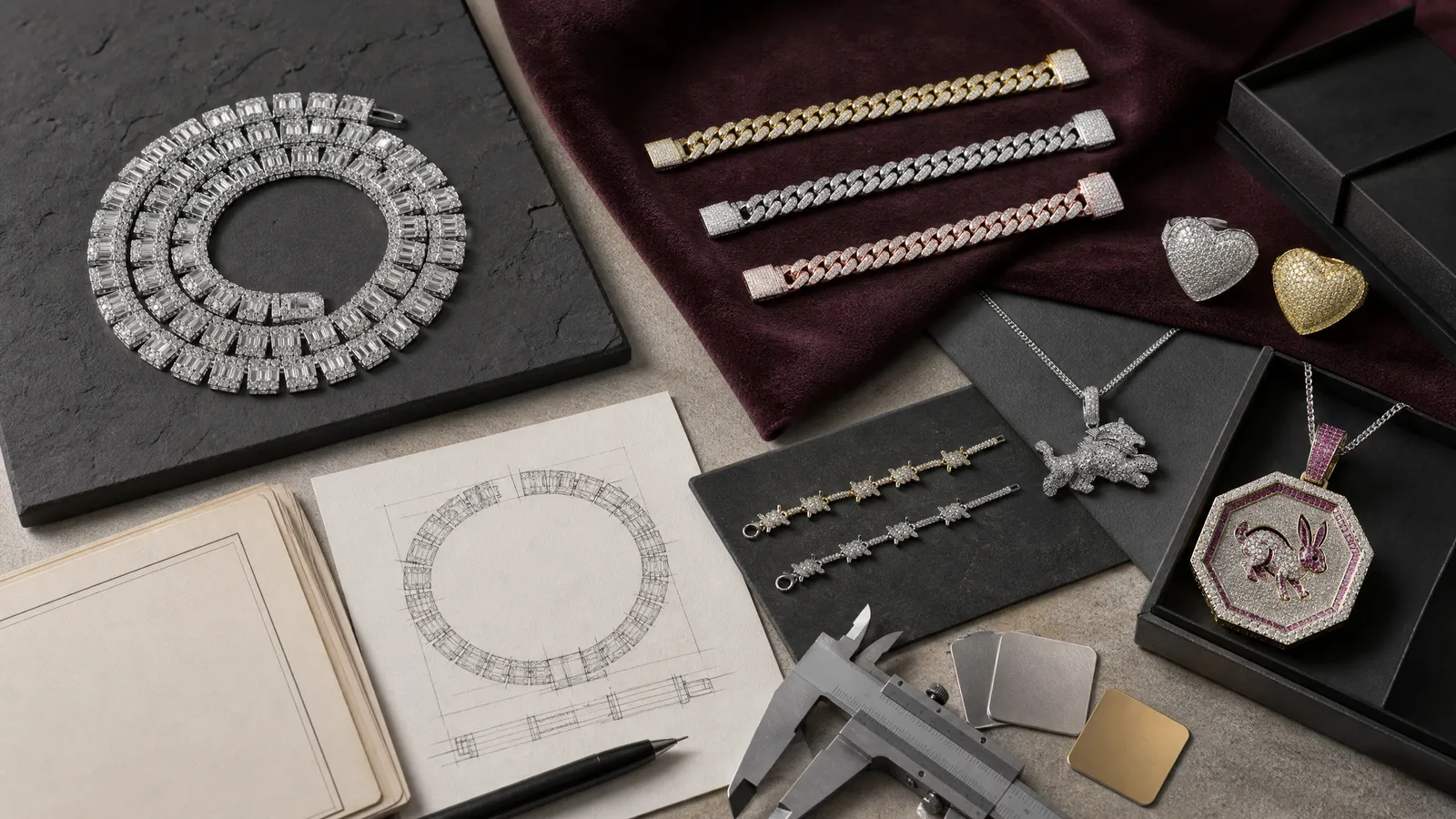 Custom jewelry samples, material references and unbranded packaging prepared for a manufacturing inquiry