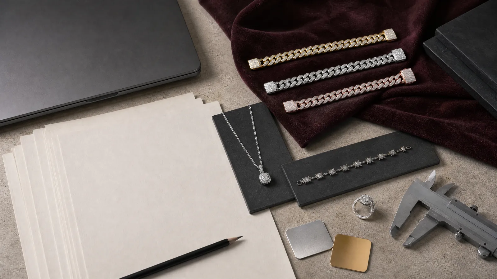 Custom jewelry project brief with product reference, material samples, packaging and specification notes