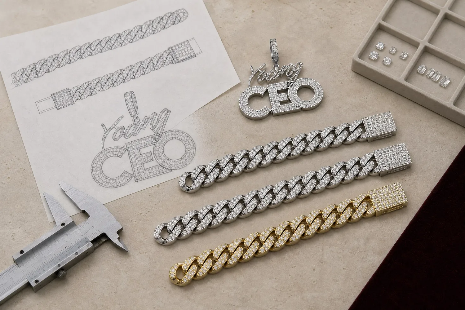 Silver-plated, platinum-tone and gold-plated jewelry development stages from drawing to finished sample
