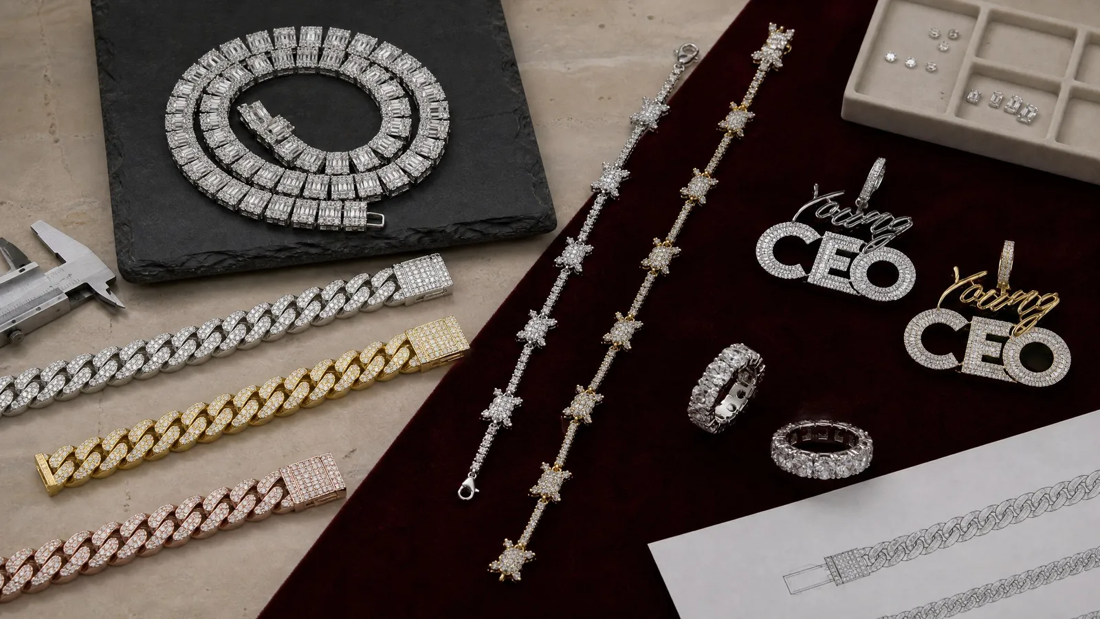 Silver-plated, platinum-tone and gold-plated jewelry development samples with technical drawing and measuring tools