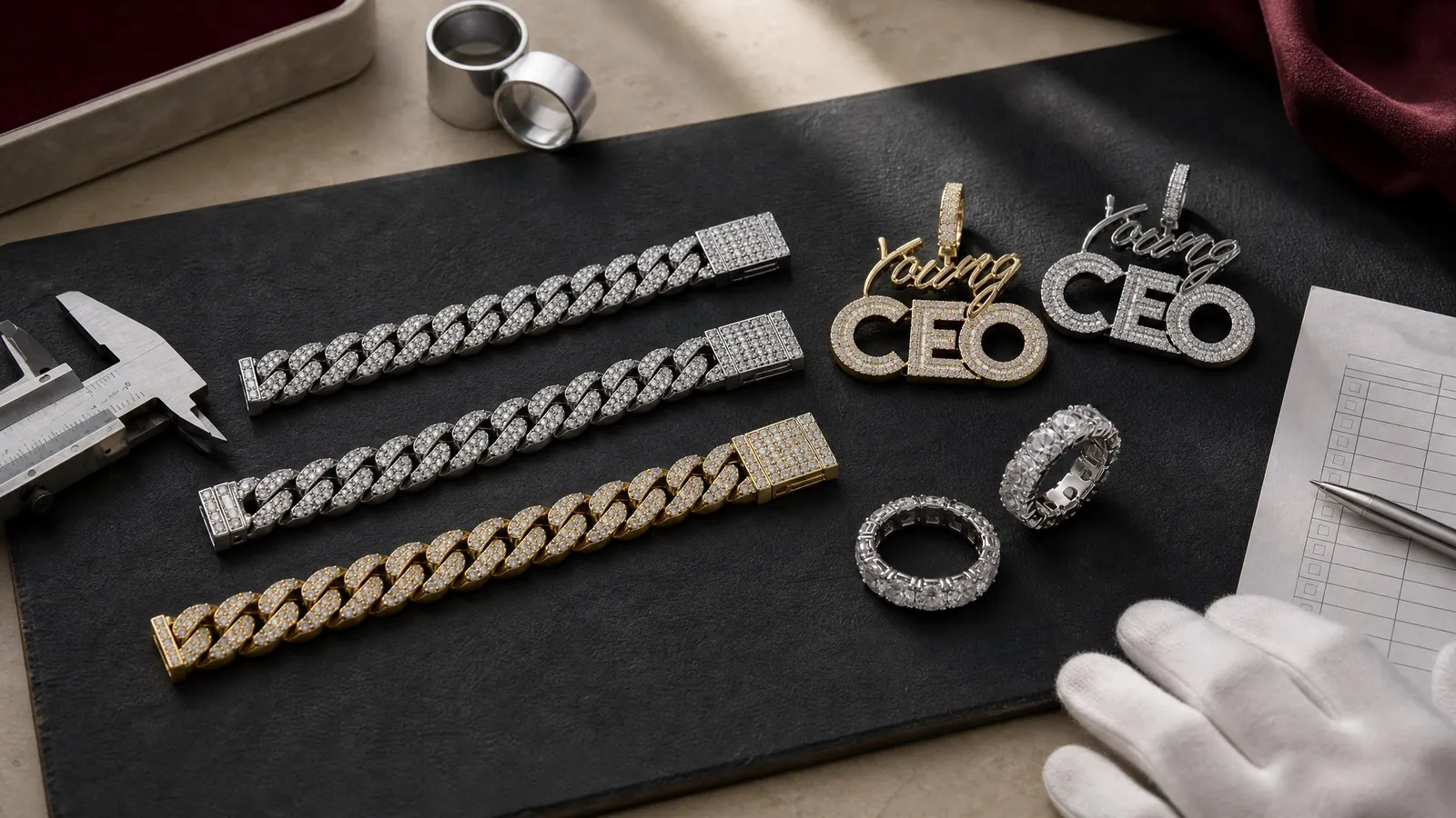 Jewelry inspection workstation with silver-plated, platinum-tone and gold-plated samples, finish swatches and measuring tools
