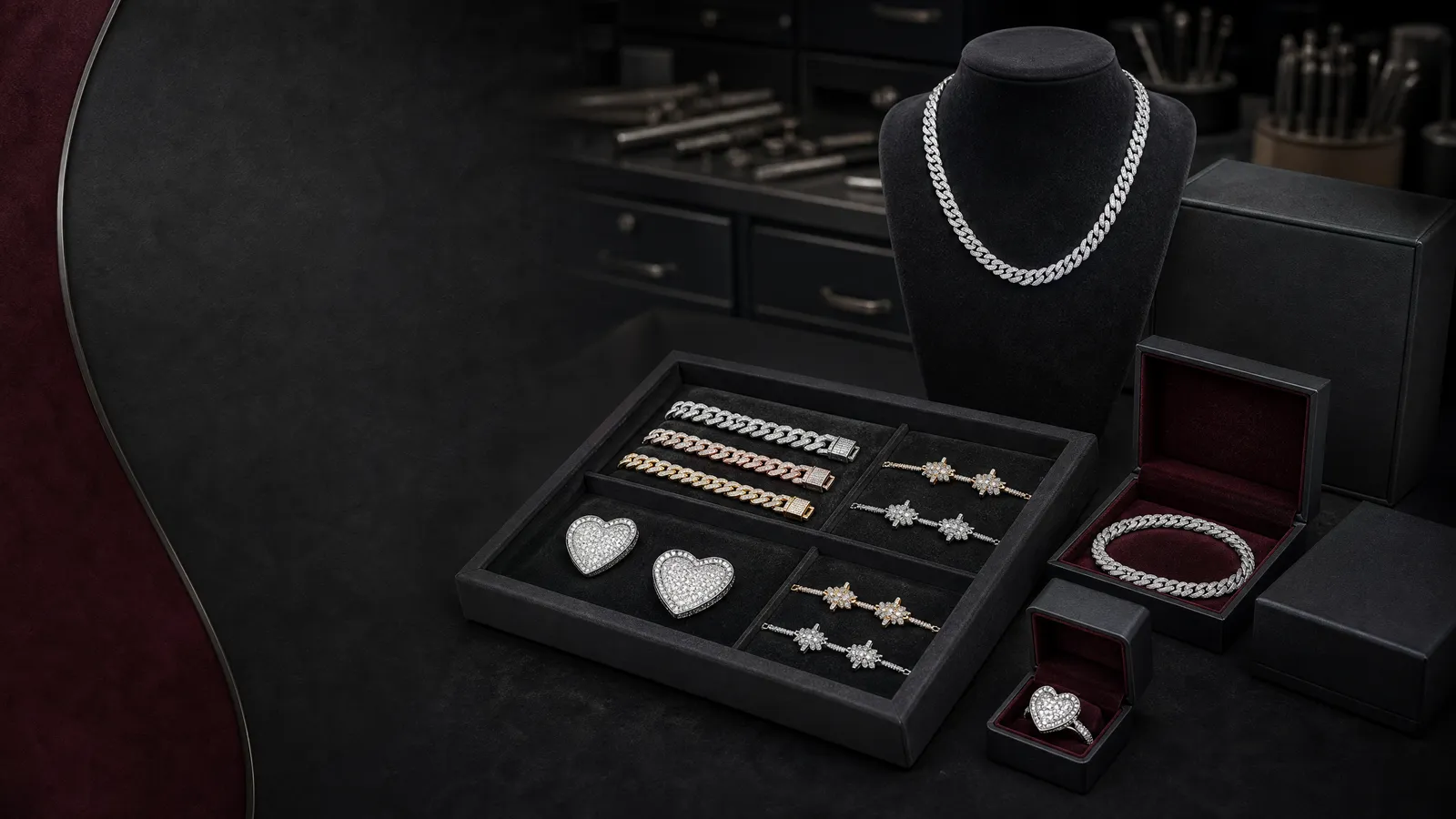 Custom jewelry sample, finished jewelry collection and branded packaging for a private label project