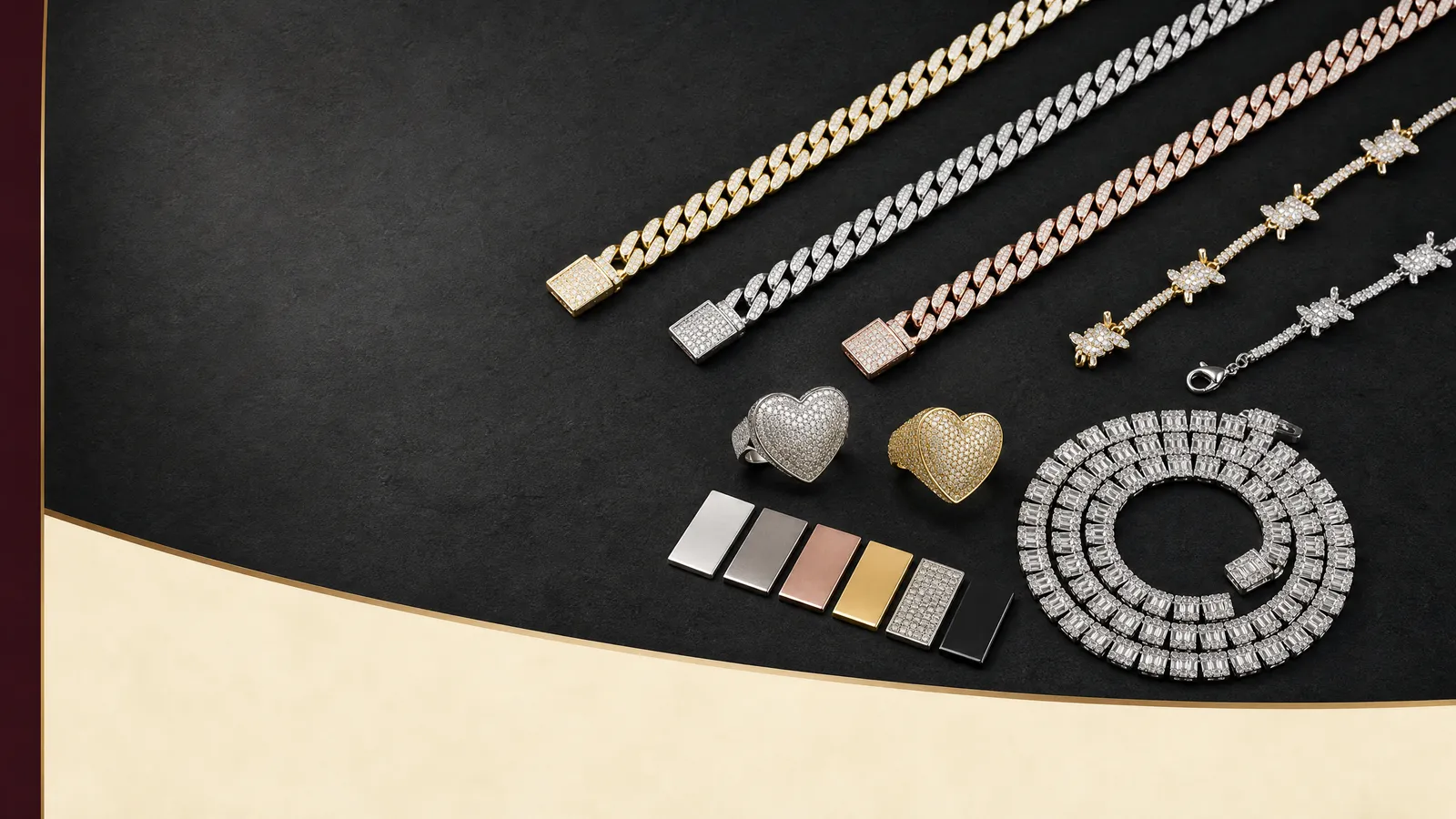 Custom jewelry material samples and finished stainless steel, brass and PVD jewelry