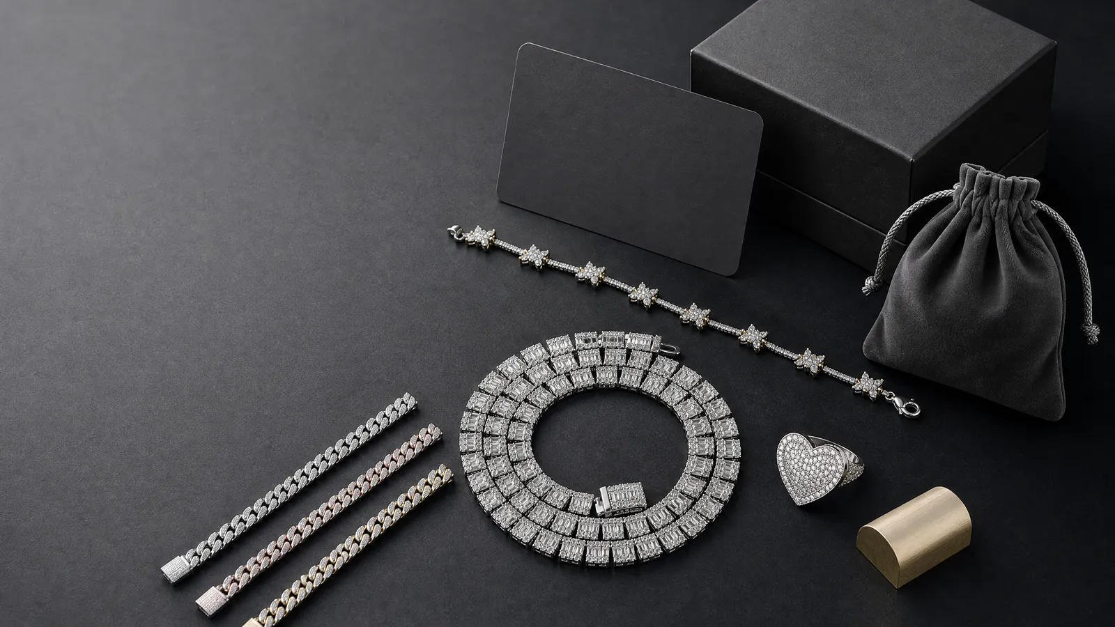 Custom private label jewelry collection with branded card, pouch and jewelry box