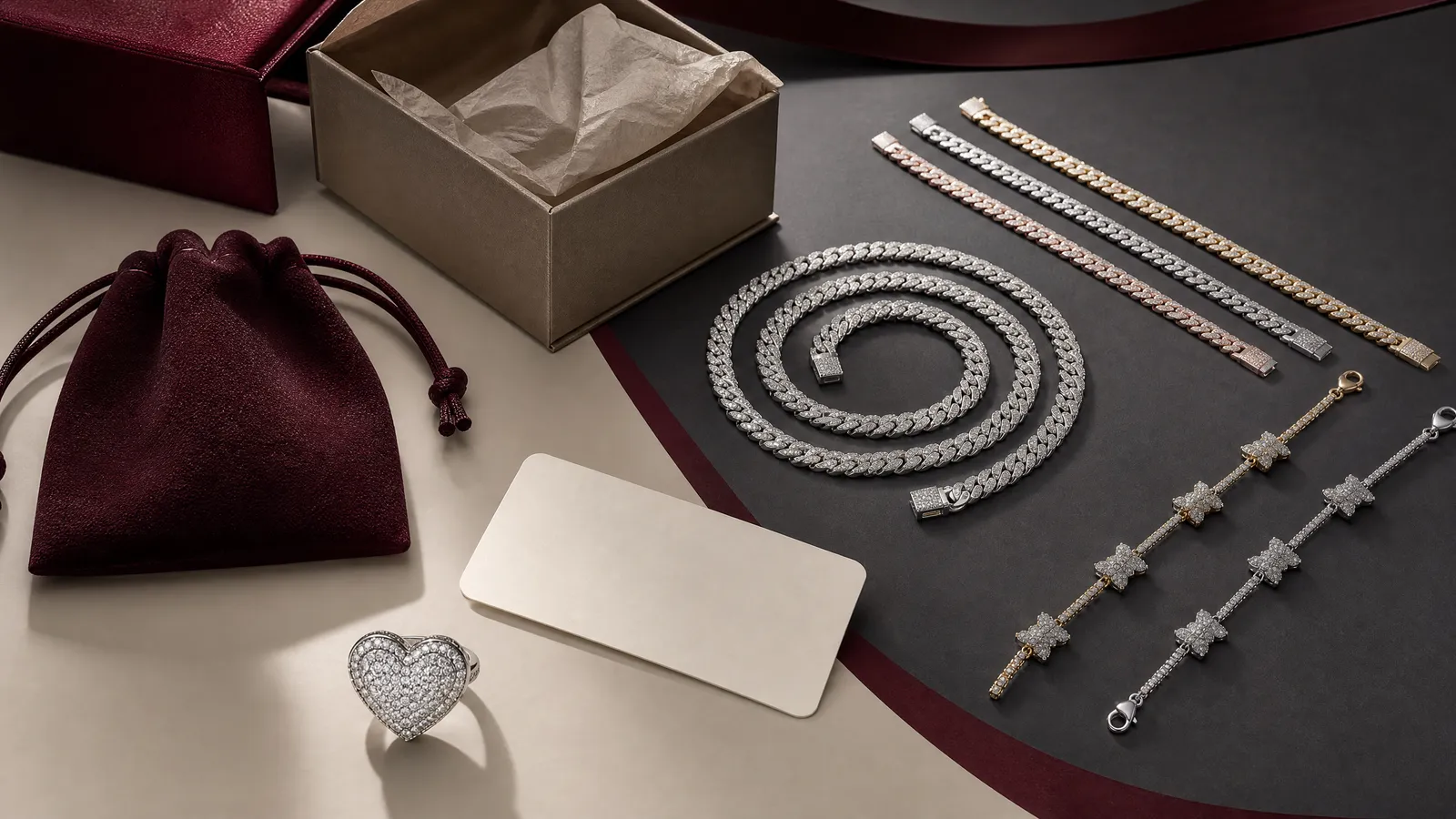 Custom private label jewelry collection with engraved logo and branded packaging