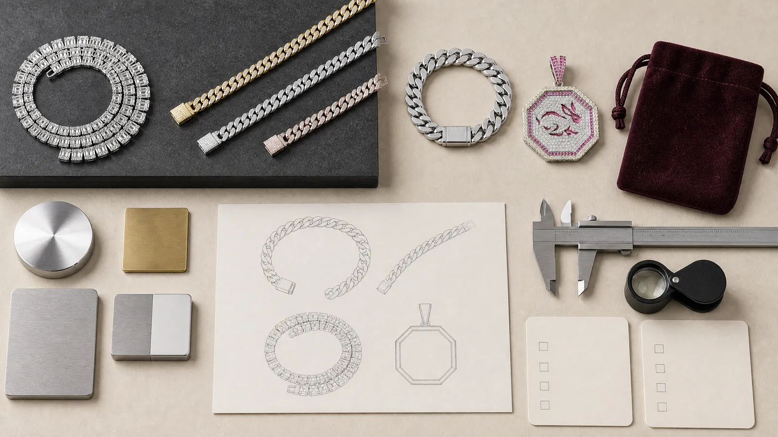 Jewelry material brief with stainless steel, brass and finish references