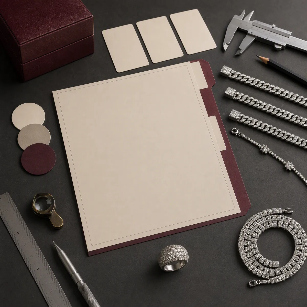 Jewelry design references, material samples and packaging information prepared for a quote
