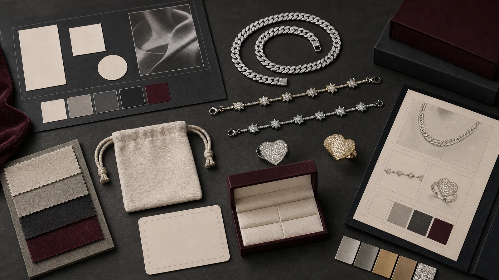 Jewelry brand mood board with product references, materials and packaging direction