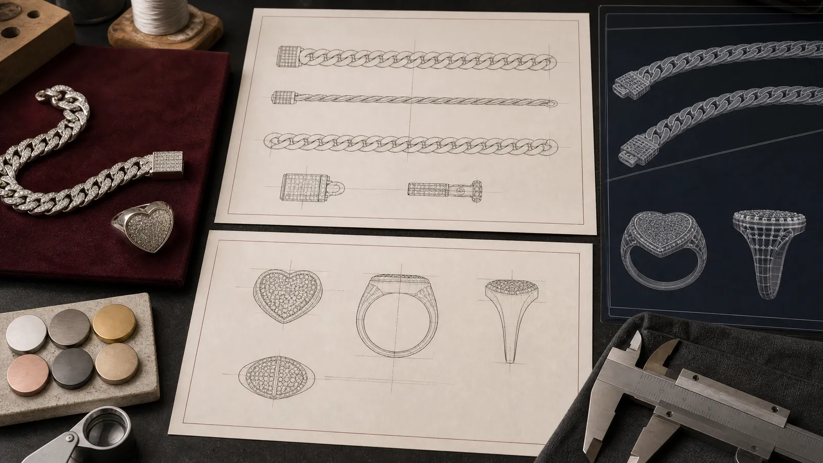 Jewelry design sketch, CAD drawing, reference image and material notes for product development