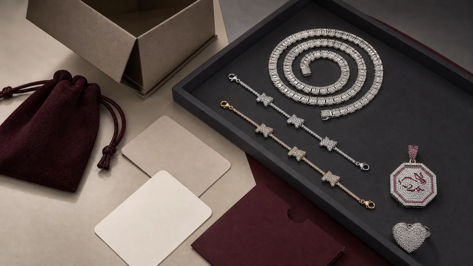Private label jewelry packaging including jewelry cards, pouch, box and care card