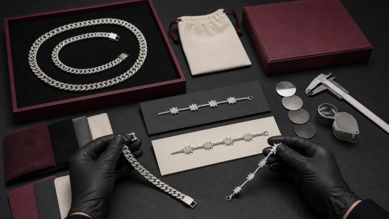 Private label jewelry sample reviewed with branded card, pouch and packaging details