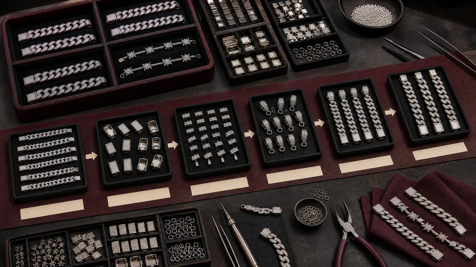 Custom jewelry bulk production and assembly process in a jewelry manufacturing workshop