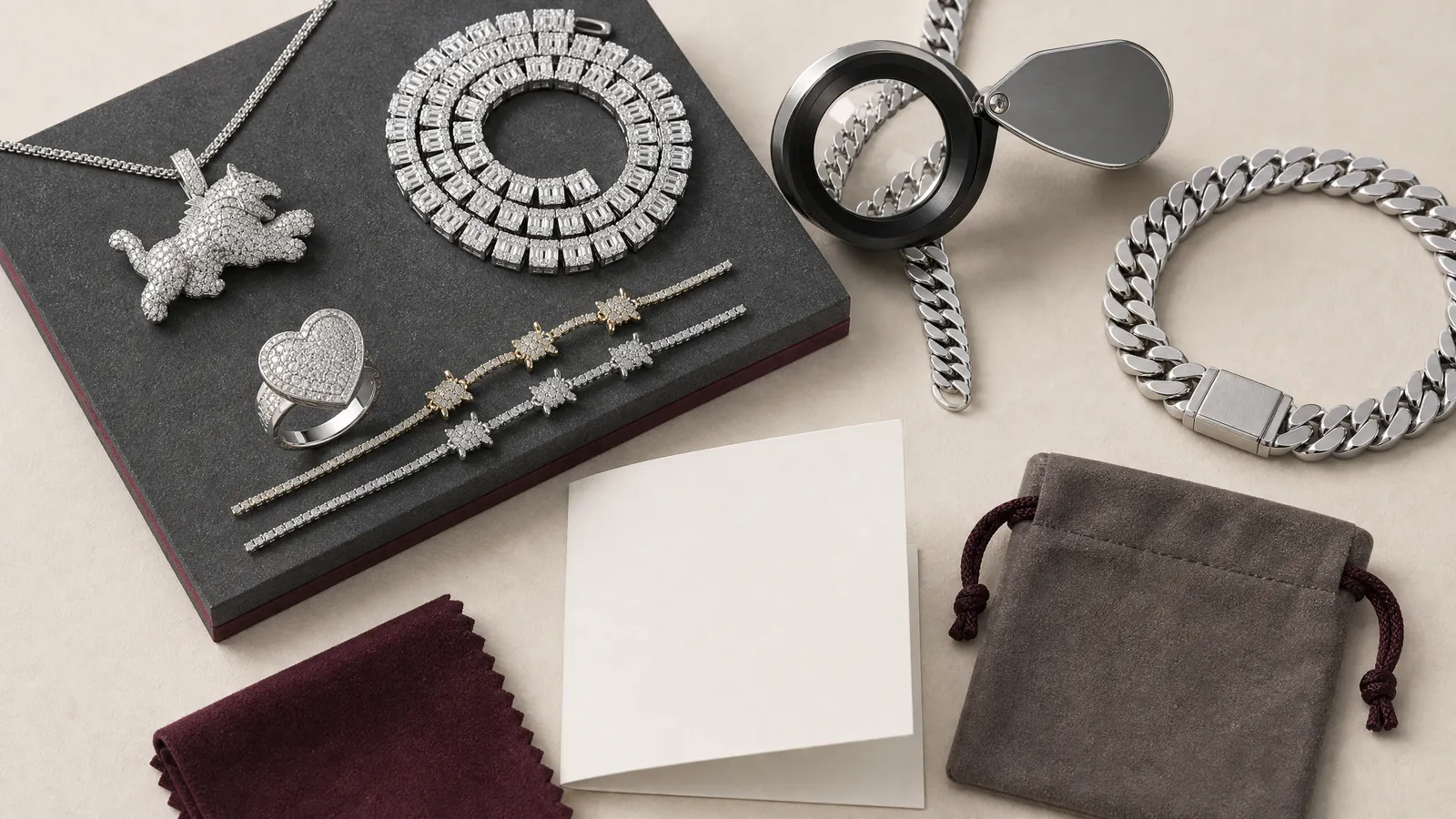 Tarnish-resistant jewelry product with care card and surface finish detail